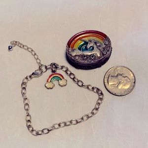 VINTAGE MS.DEE UNICORN RAINBOW TRINKET BOX PEWTER W/CHARM BRACELET